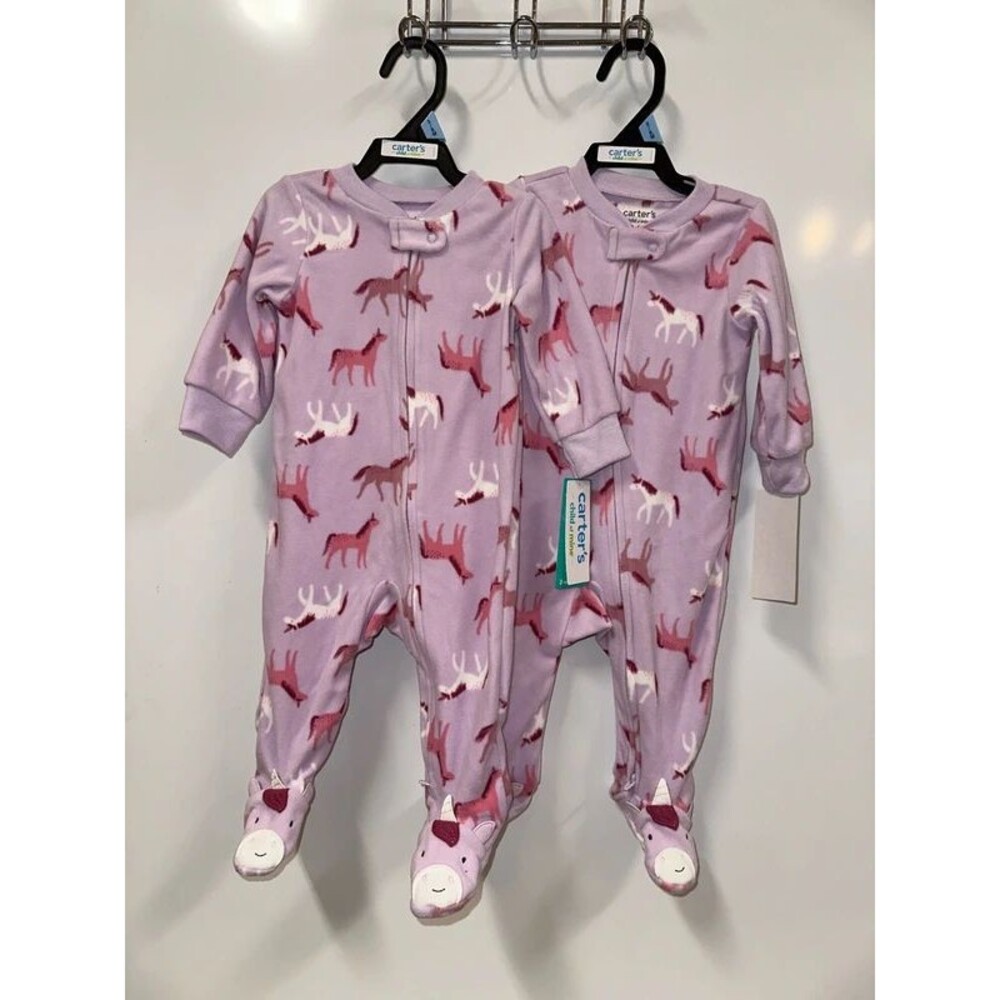 Carter’s 3-6m Twin Matching Fleece Zipper Sleepers - Purple Unicorn Horses
